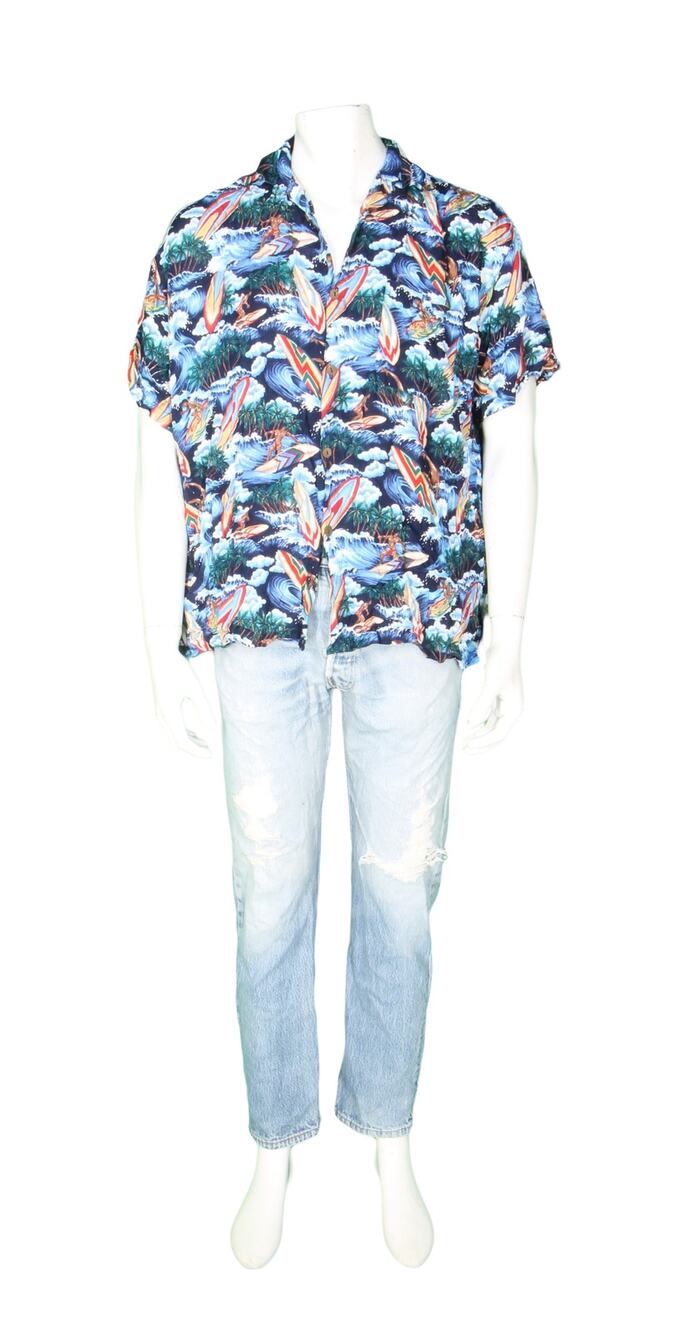Blue Sky Surf Surfing Surfboard Palm Trees Clouds Island Hawaiian Aloha Shirt XL